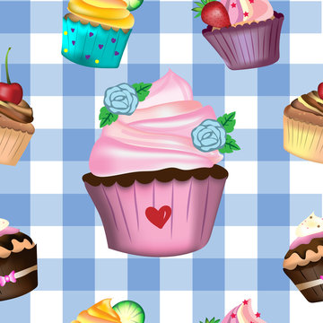 Vector and illustration hand drawing and painting cute various style decorated cupcakes in seamless pattern on blue and white pastel color tartan pattern, for bakery or dessert concept