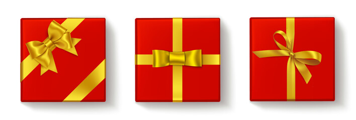 Set of red gift box with golden yellow bow and ribbons for holiday decorations. Vector objects isolated on white