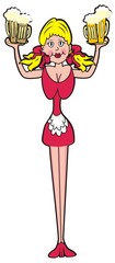 barmaid carries beer, vector icon, funny illustration
