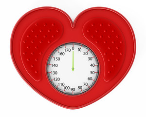 Heart shaped red bathroom scale. 3D illustration
