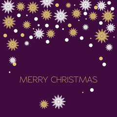 Christmas frame with snow-flakes white and gold color on a deep red background with the words Merry Christmas. Vector decorative elements for design greeting card, Invitation, banner or poster.