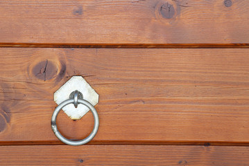 wooden background with metal ring and space to write