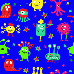 Decorative stylish seamless pattern with aliens and stars