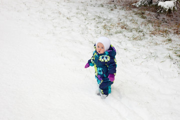 little girl in white mittens and hat, standing in the snow, walking in winter park throws snow