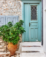 Fototapeta na wymiar Italy, vintage green door and plant vase