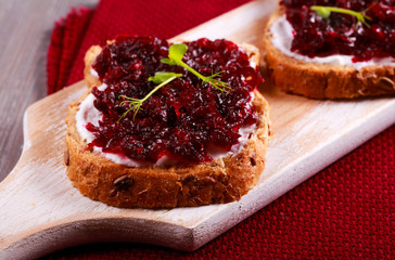 Beetroot relish over brown bread