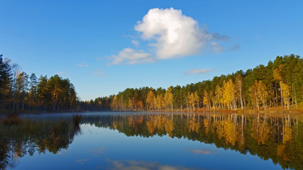 autumn morning. Yellow forest and blue sky with white clouds reflection on the mirror water on the forest lake