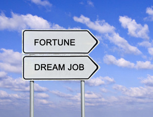 Road sign to fortune and dream job