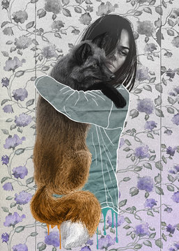 Painted woman with fox. Gradient from Color to Black and White. Sedation.