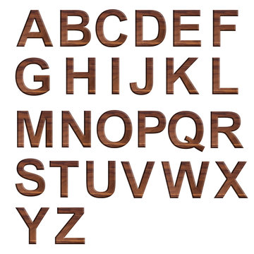 A-Z, alphabet letters wooden on white background.