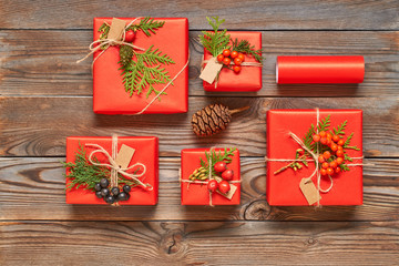 Christmas presents on wooden background