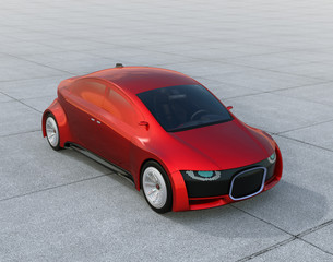 Obraz na płótnie Canvas Metallic red self-driving car parking on the ground. Front grille with digital headlight. 3D rendering image.