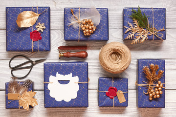 Christmas presents on wooden background