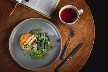simmered pumpkin with Japanese broth and minced meat sauce