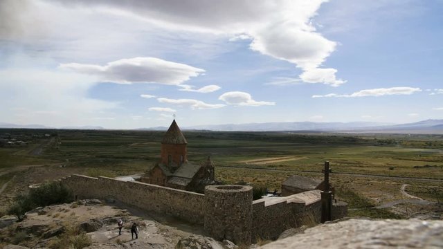 4K clouds timelapse of monastery. Landmark in the field. Famous place