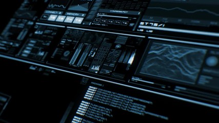 Perspective view of deep blue futuristic interface/Digital screen/Detailed abstract background. Blinking and switching indicators of command center computer,processing data, AI.