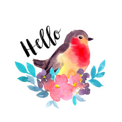 Spring watercolor card with Robin and flowers. Stylish hand drawn print with lettering - Hello.