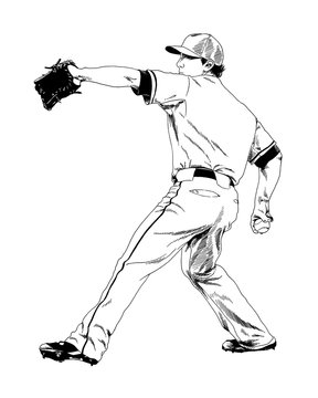 baseball player with a bat in the pose drawn with ink hand sketch 
