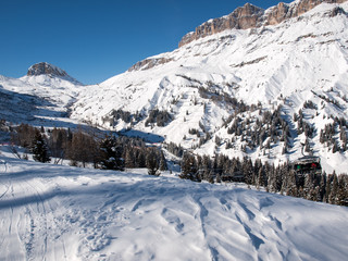 Skiing area in the Dolomites Alps. Overlooking the Sella group  in Val Gardena. Italy