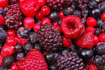 Mixed berry cranberry blackberry mixed frozen fruits as background.