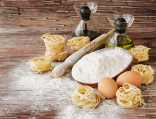 A set of products for cooking pasta with wheat flour, a selective focus