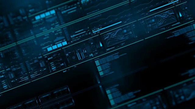 Perspective view with out of focus areas of futuristic interface/Digital screen/Detailed abstract background. Blinking and switching indicators of command center computer,processing data, AI.