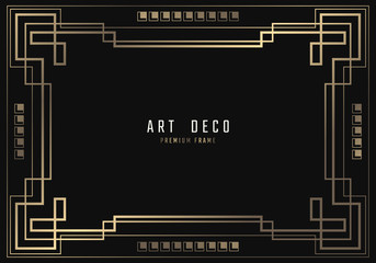 Vector geometric frame in Art Deco style. Rectangle noble design for invitations, cards, posters. Black and golden lined shape. Sandblasting ornament.