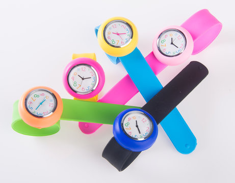 watches. colorful set of plastic watches isolated on white