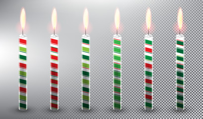 Set of 6 vector candles. Birthday cake candles. Christmas decoration. Realistic and isolated with transparent burning flame and shadow on the white background. Vector illustration. Eps10.