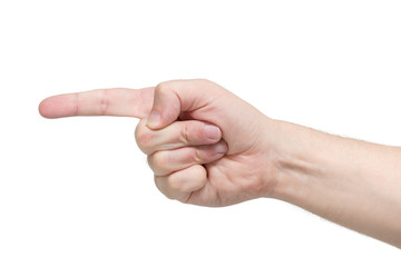 Hand pointing to one side. Isolated white background
