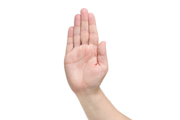 Hand symbol that means stop on white background