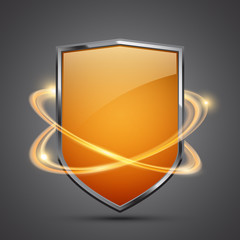 Abstract yellow shield with glowing effect, vector design