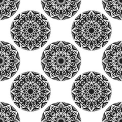 Fototapeta premium Seamless pattern with abstract flowers. Fashion textile print. Asian fabric background. Vector monochrome design.