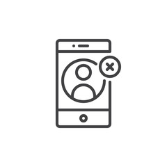 Smartphone with contact remove on display line icon, outline vector sign, linear style pictogram isolated on white. Delete user symbol, logo illustration. Editable stroke