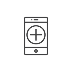 Smartphone device and plus sign on display line icon, outline vector sign, linear style pictogram isolated on white. Mobile add button symbol, logo illustration. Editable stroke
