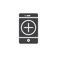 Smartphone device and plus sign on display icon vector, filled flat sign, solid pictogram isolated on white. Mobile add button symbol, logo illustration