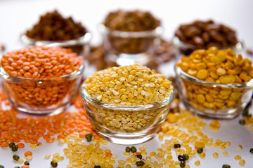 Green Gram, Composition Variety Vegetarian Food Ingredients, Collection Different Groats Bamboo Bowls Buckwheat, Different Types Legumes Small Bowls, Background Many Grains Pulses White Ceramic