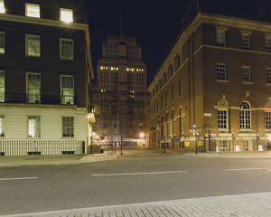 London Senate House Library by night, Street view from Russell Square, University of London with Georgian Architecture Buildings