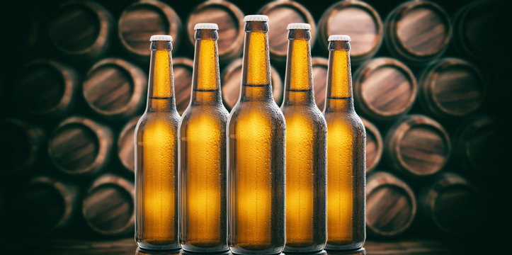 Beer bottles on wooden barrels background. 3d illustration