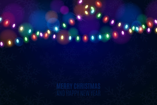 Christmas multicolored lights on a dark background. Snowflakes on the background. Celebratory background. Multicolored glare. Glowing garlands. Luminous oval light bulbs. Vector