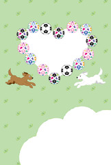 犬とサッカーボールのイラストのハート型写真フレーム年賀状テンプレート　戌年
