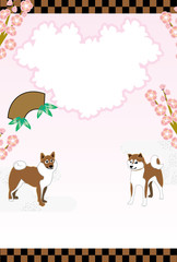 柴犬と梅の花のイラスト写真フレームのポストカード