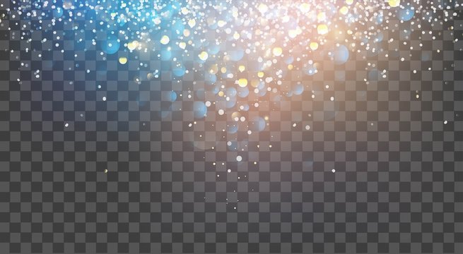 Abstract glitter background. Vector gold glitter particles and lights on transparent background. Sparkling texture.