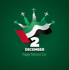 2 December. UAE Independence Day background in national flag color theme. Celebration banner  with 3d letters 2 December and flying airplanes. Vector illustration