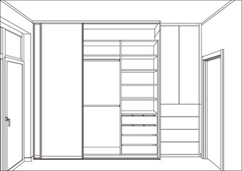 3D vector sketch. Empty wardrobe with sliding doors in the interior. Wardrobe sketch. Home Interior Design Software Programs.