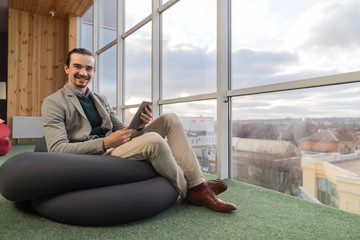 Business Man Using Cell Smart Phone Sit In Front Panoramic Window Businessman Coworking Center Office Interior