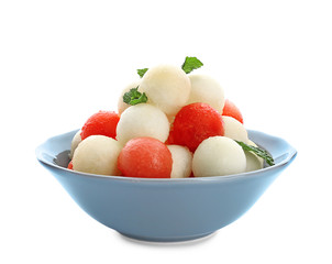 Melon and watermelon balls on plate, isolated on white