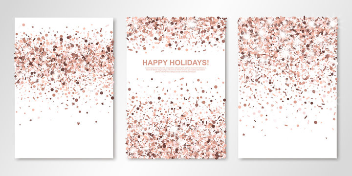 Banners Set With Nude Confetti On White. Vector Flyer Design Templates For Wedding, Invitation Cards, Save The Date, Business Brochure Design, Certificates. All Layered And Isolated