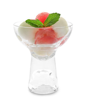 Melon and watermelon balls in glass, isolated on white