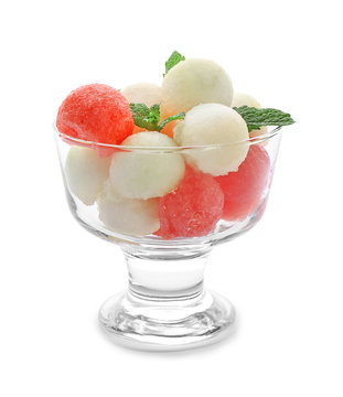 Melon and watermelon balls in bowl, isolated on white